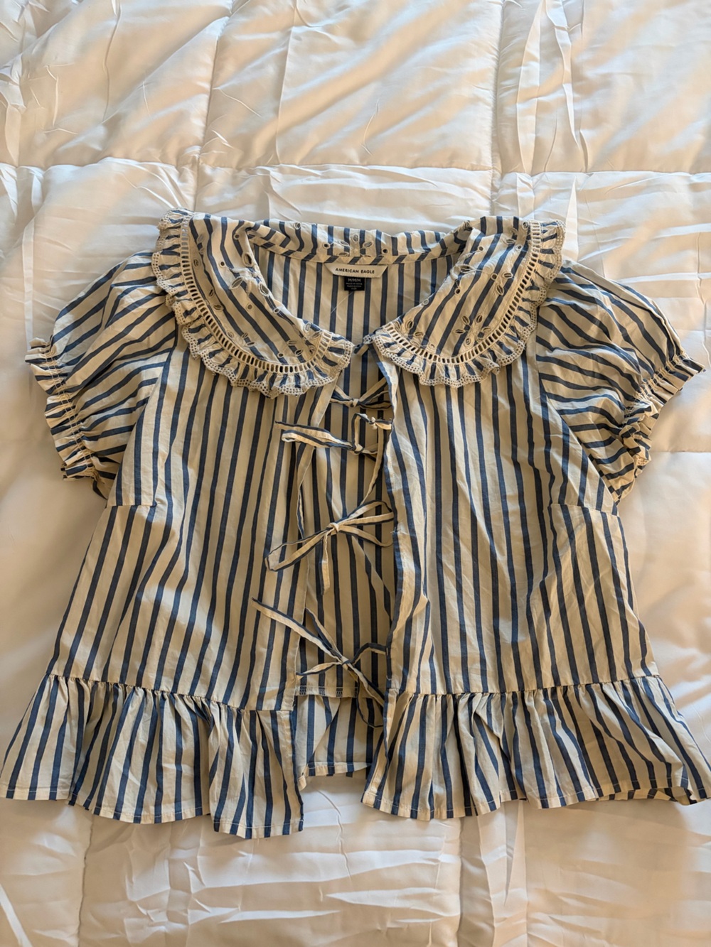American Eagle Outfitters Blue and White Striped Tie-Front Peplum Blouse